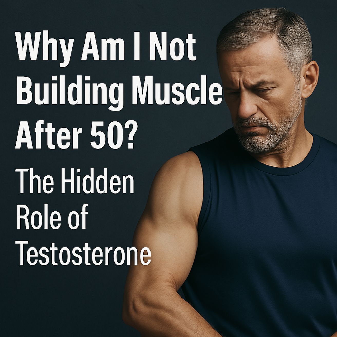 A concerned middle-aged man in athletic wear examines his physique, representing men over 50 struggling with muscle gain due to low testosterone, featured in a 23MD blog by Dr. Martin Galy.