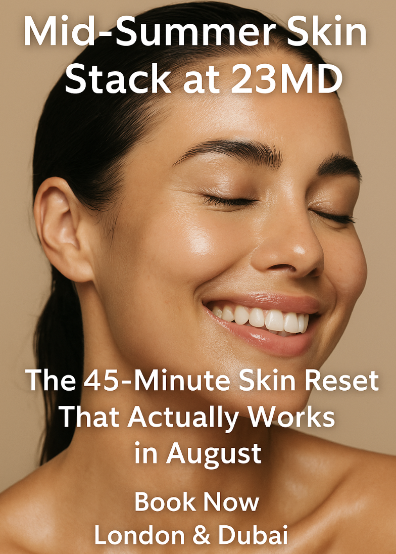 Glowing woman with smooth, hydrated skin smiling after receiving the Mid-Summer Skin Stack at 23MD.